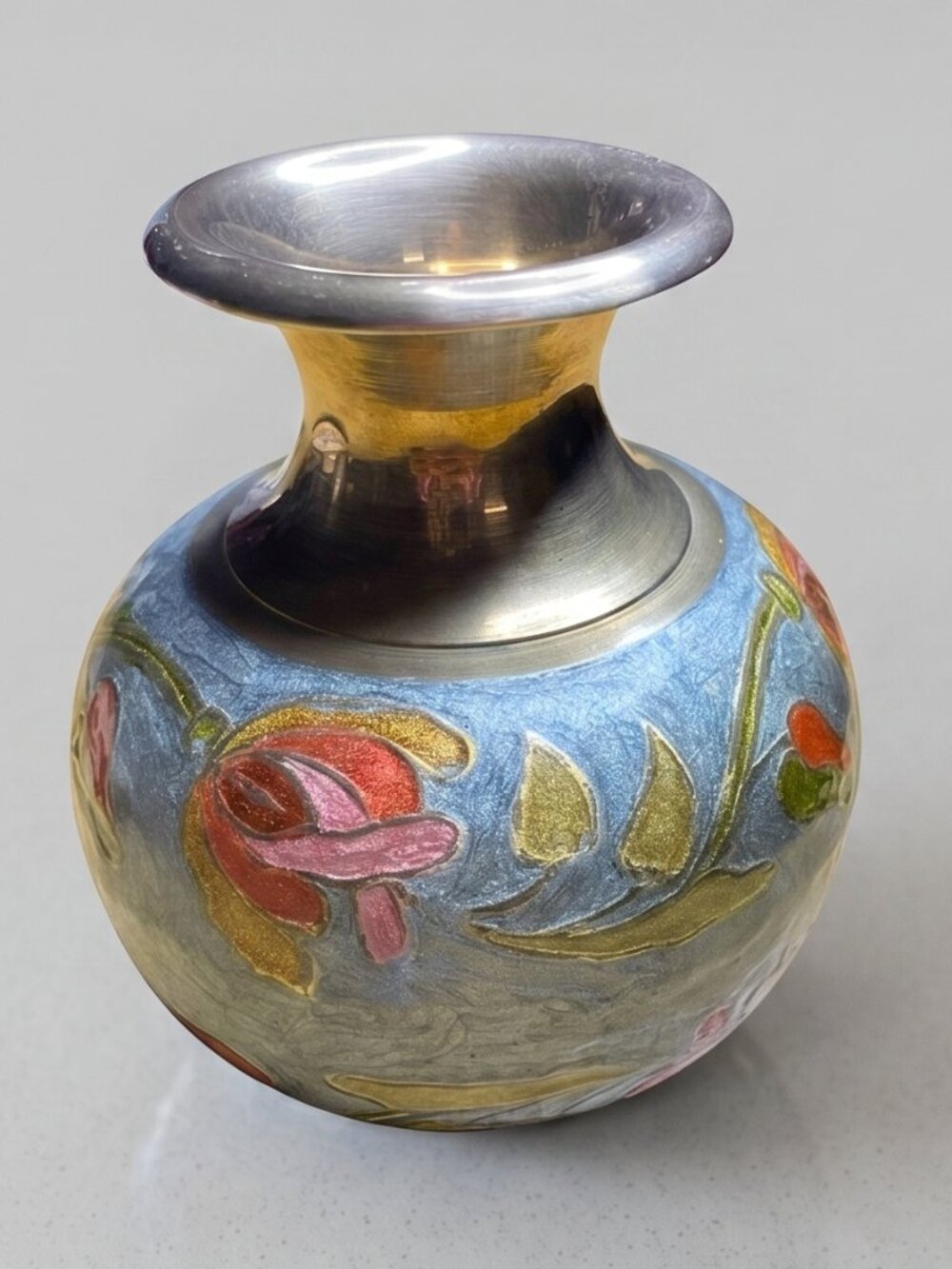 Vintage Brass Vase India Hand Painted Enamel Blue Pink Floral Round Boho Decor 5